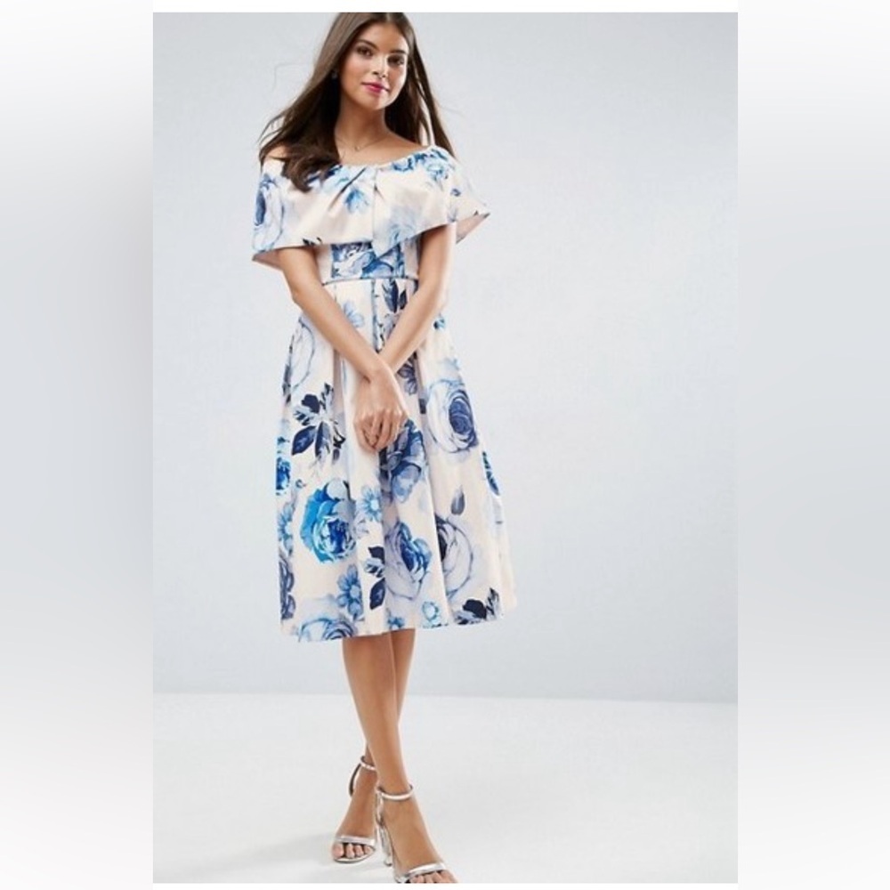 ASOS | Pink Base Floral Pleated Dress Women Size 2 Blue Off Shoulder Midi